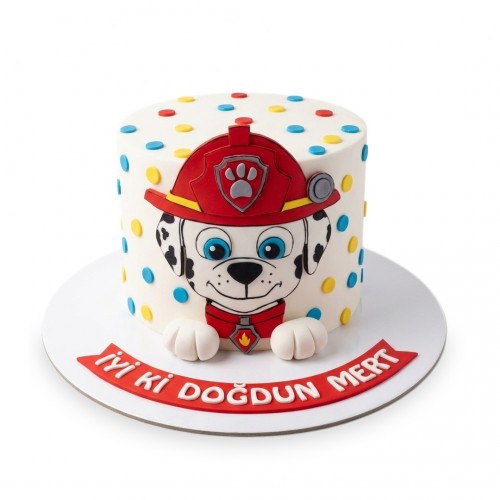 Paw Patrol Marshall Yüzlü Puantiyeli Beyaz Erkek Çocuk Pastası
