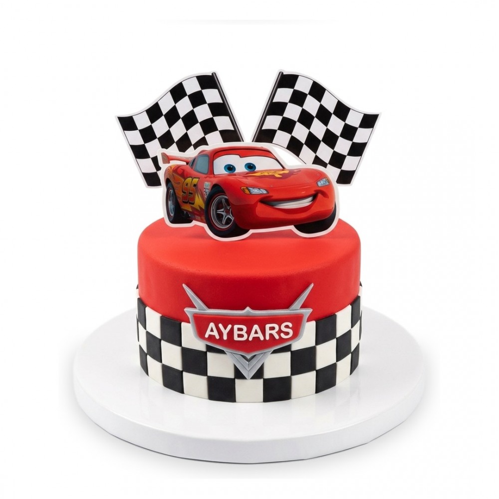 Şimşek McQueen Büyük Bayraklı Plaketli Kırmızı Erkek Çocuk Pastası