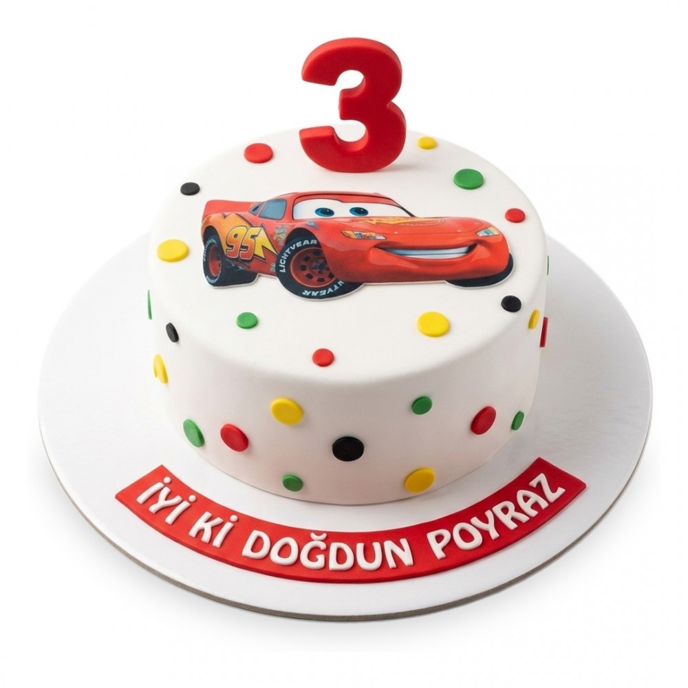 Şimşek McQueen Üstü Baskılı Puantiyeli Beyaz Erkek Çocuk Pastası
