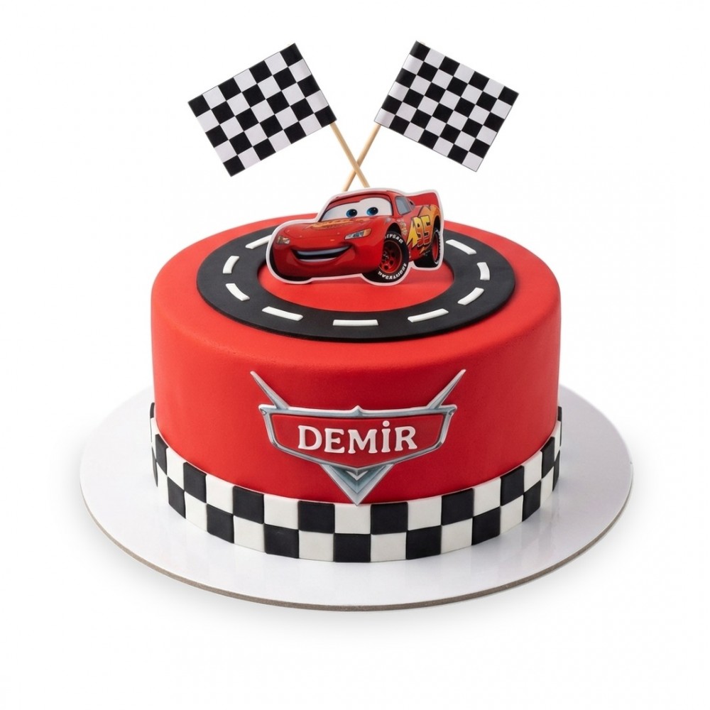 Şimşek McQueen Üstü Yol Halkalı Kırmızı Erkek Çocuk Pastası