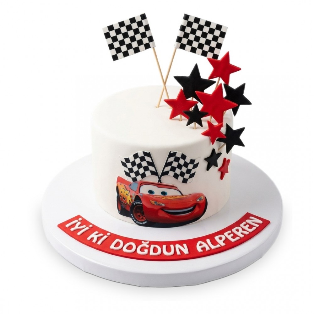Şimşek McQueen Yanı Baskılı Yıldızlı Beyaz Erkek Çocuk Pastası