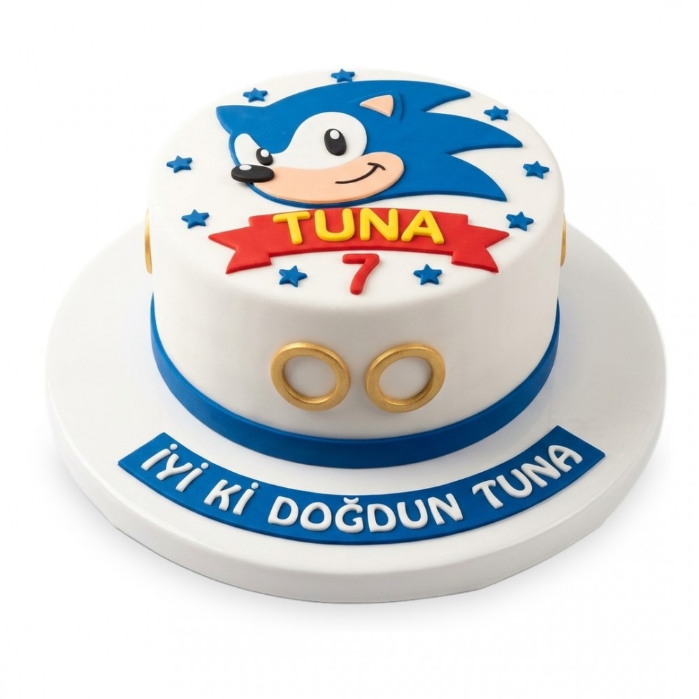 Sonic Başlı İsim Kurdeleli Beyaz Erkek Çocuk Pastası
