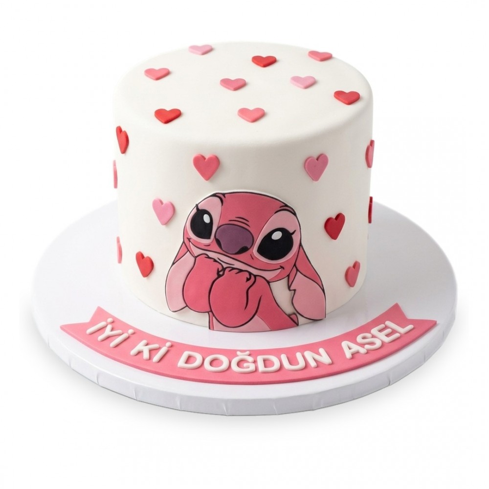 Stitch Angel Temalı Kalpli Beyaz Kız Çocuk Pastası
