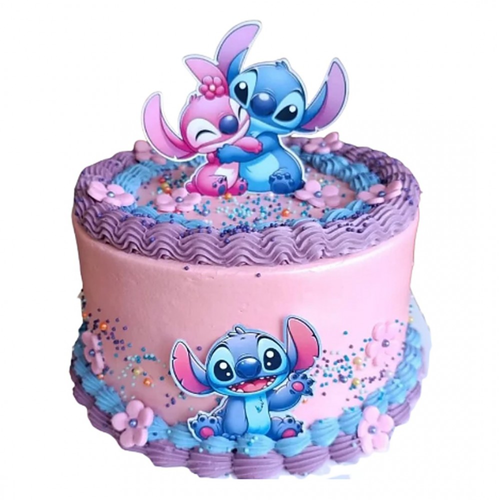 Stitch ve Angel Temalı Pembe Mor Çocuk Pastası