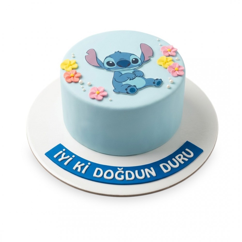 Stitch Temalı Çiçekli Açık Mavi Kız Çocuk Pastası