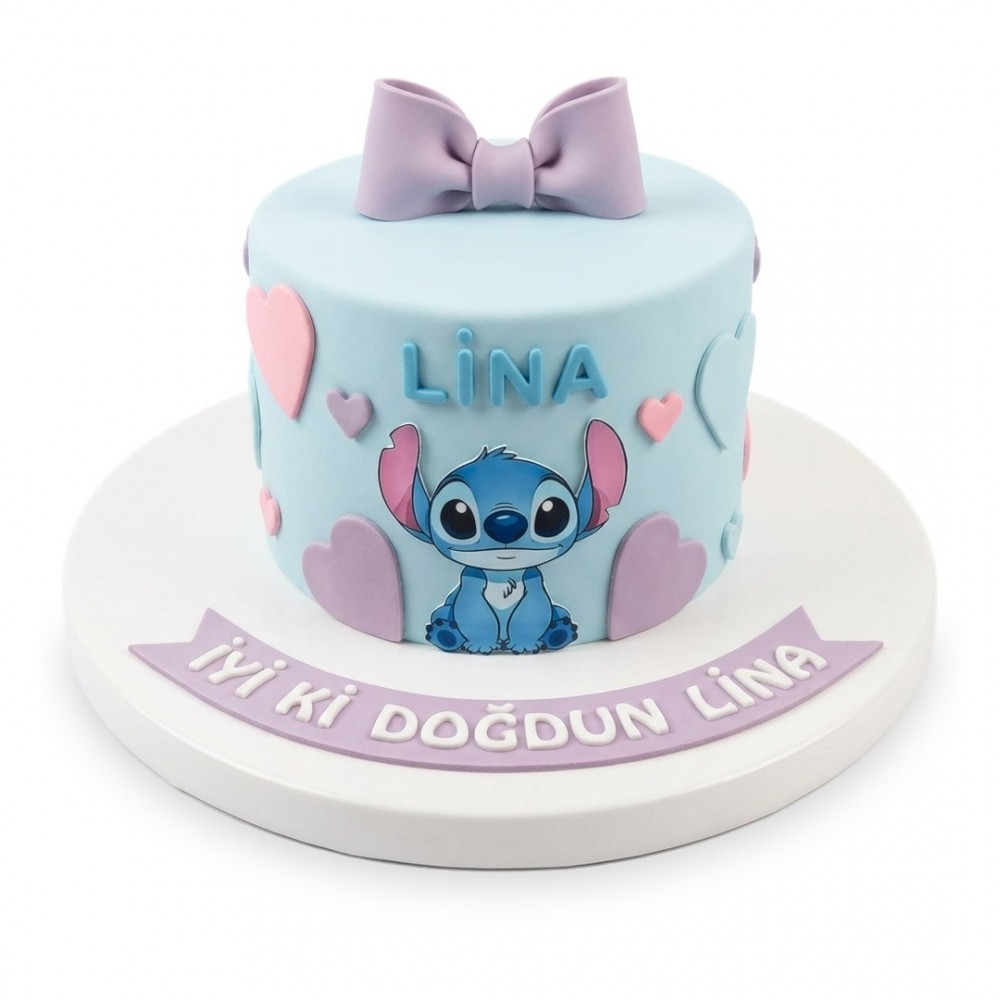 Stitch Temalı İsimli Fiyonklu Açık Mavi Kız Çocuk Pastası