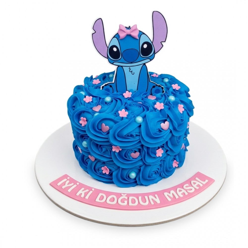 Stitch Temalı Mavi Güllü Kız Çocuk Pastası