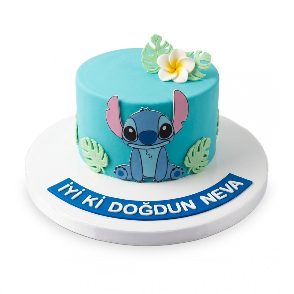 Stitch Temalı Tropik Yapraklı Turkuaz Çocuk Pastası
