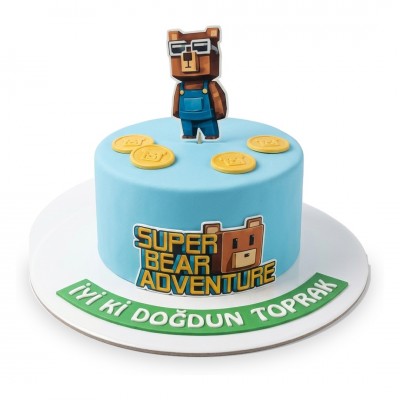 Super Bear Adventure Logolu Altın Paralı Açık Mavi Çocuk Pastası