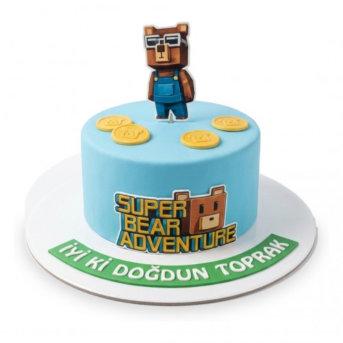 Super Bear Adventure Logolu Altın Paralı Açık Mavi Çocuk Pastası