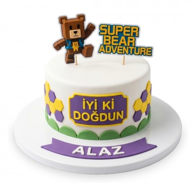 Super Bear Adventure Petek Desenli Beyaz Çocuk Pastası