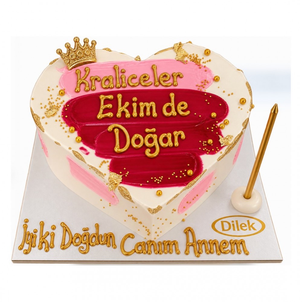 Taçlı Pembe Fırça Desenli Kalp Yazılı Pasta