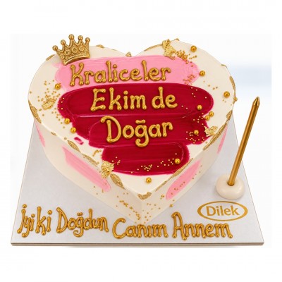 Taçlı Pembe Fırça Desenli Kalp Yazılı Pasta