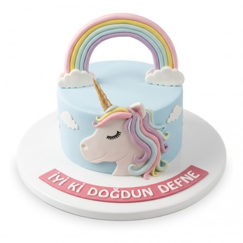 Unicorn Başlı Gökkuşaklı Açık Mavi Kız Çocuk Pastası