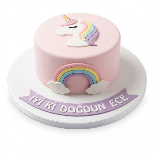 Unicorn Başlı Yanı Gökkuşaklı Açık Pembe Kız Çocuk Pastası