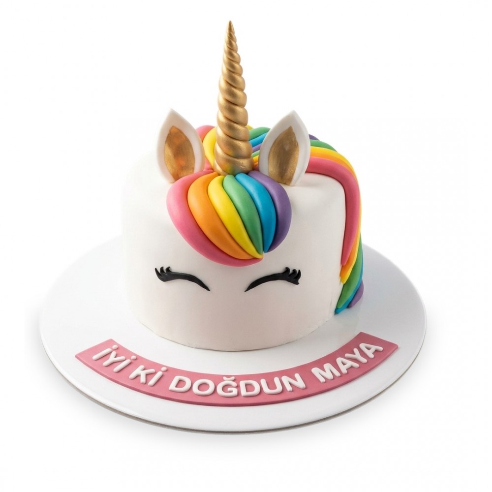 Unicorn Büyük Boynuzlu Yana Yeleli Beyaz Kız Çocuk Pastası