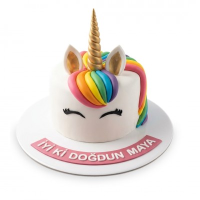 Unicorn Büyük Boynuzlu Yana Yeleli Beyaz Kız Çocuk Pastası
