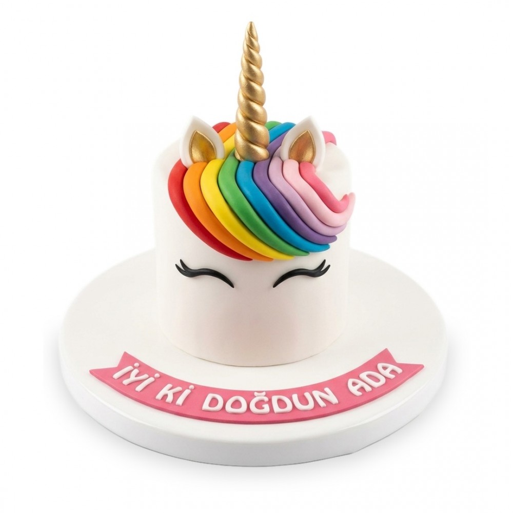 Unicorn Gökkuşağı Yeleli Beyaz Kız Çocuk Pastası