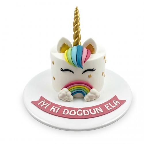 Unicorn Önde Gökkuşaklı Bulutlu Beyaz Kız Çocuk Pastası