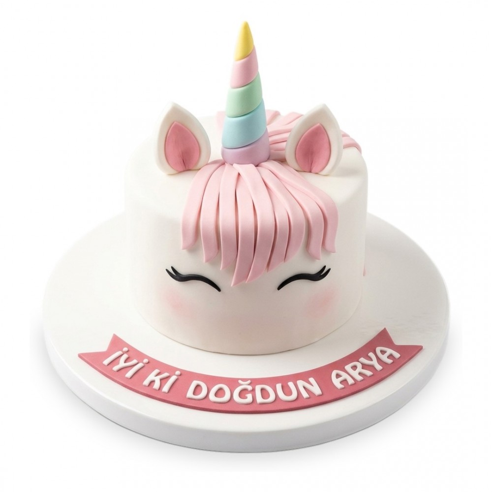 Unicorn Pembe Yeleli Renkli Boynuzlu Beyaz Kız Çocuk Pastası