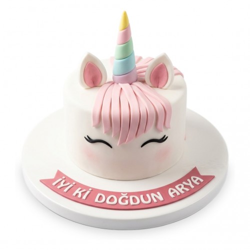 Unicorn Pembe Yeleli Renkli Boynuzlu Beyaz Kız Çocuk Pastası