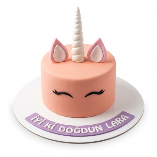 Unicorn Sade Beyaz Boynuzlu Şeftali Kız Çocuk Pastası