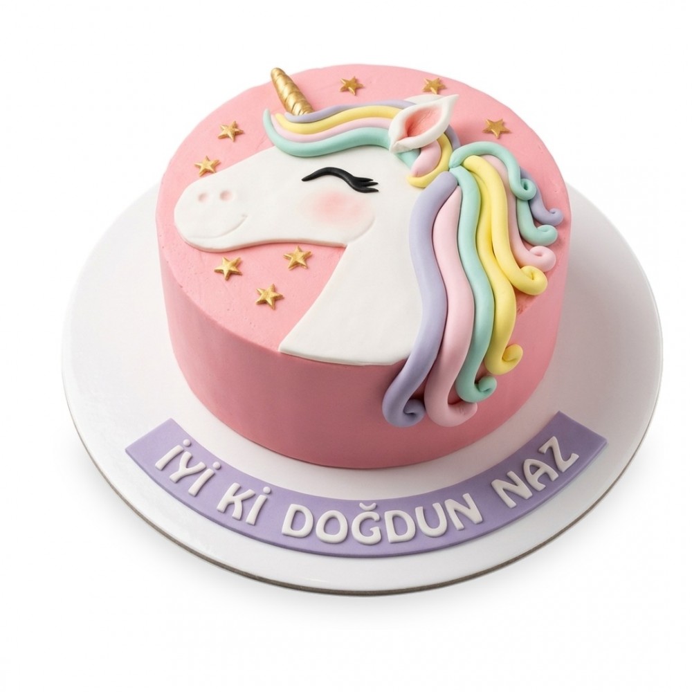 Unicorn Üstü Büyük Başlı Yıldızlı Pembe Kız Çocuk Pastası