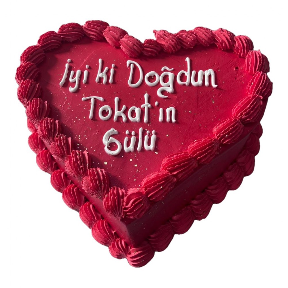 Kırmızı Kalp Şeklinde Bordürlü Yazılı Pasta