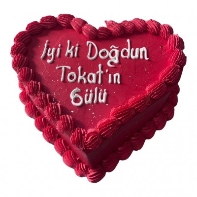 Kırmızı Kalp Şeklinde Bordürlü Yazılı Pasta