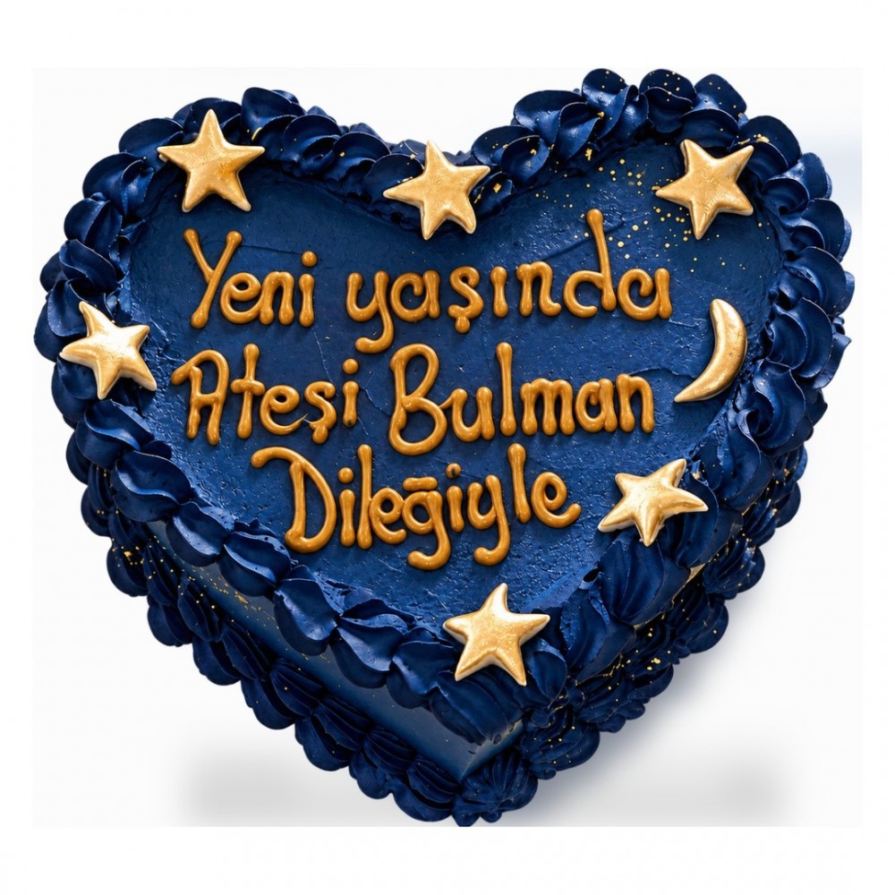 Yıldızlı Lacivert Kalp Şeklinde Yazılı Pasta
